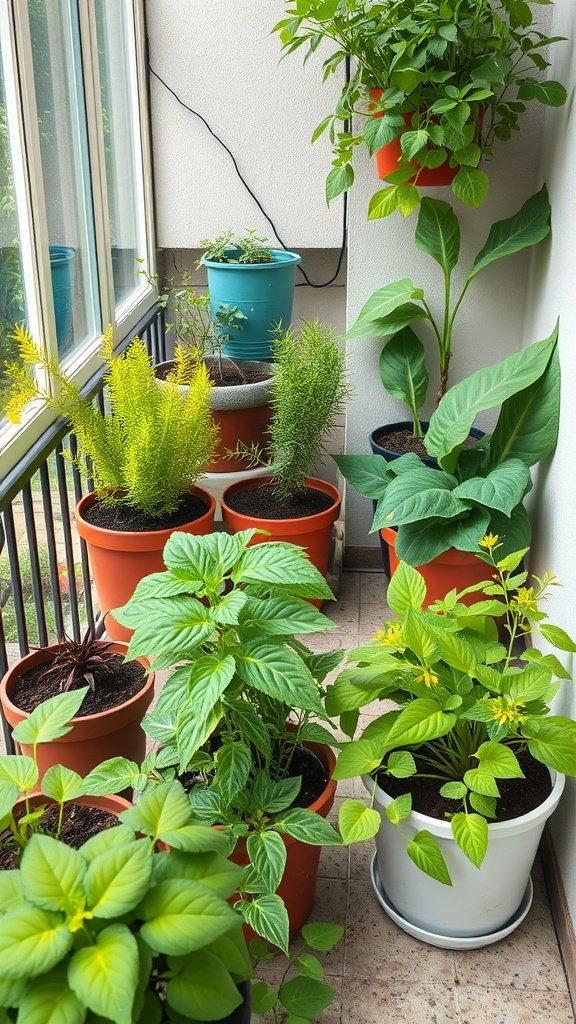 Balcony filled with various potted plants, showcasing companion planting in a small space.