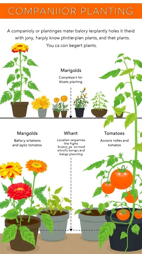 Illustration of companion planting with marigolds and tomatoes.