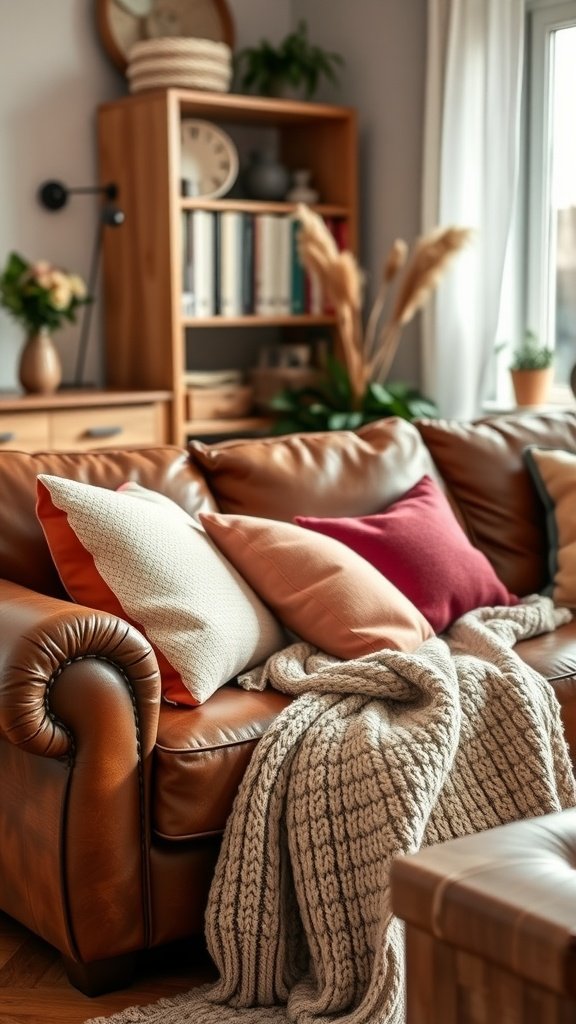 A cozy brown leather couch adorned with colorful throw pillows and a chunky knit blanket in a stylish living room.