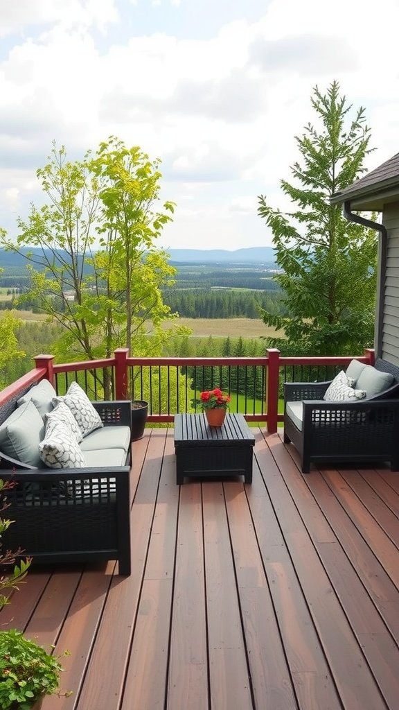 A beautiful patio with composite decking featuring comfortable seating and a scenic view.
