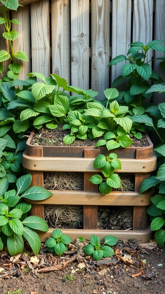 Compost bin surrounded by healthy green plants