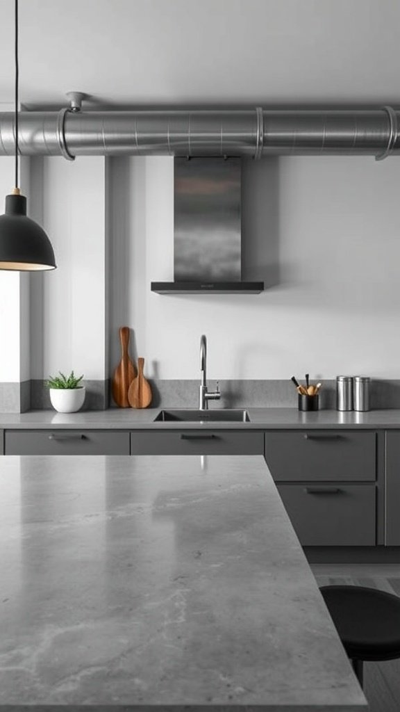 A sleek kitchen featuring concrete countertops and modern appliances, showcasing a stylish industrial aesthetic.