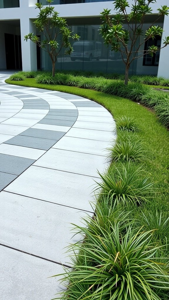 A curvy concrete paver walkway surrounded by green grass and trees.