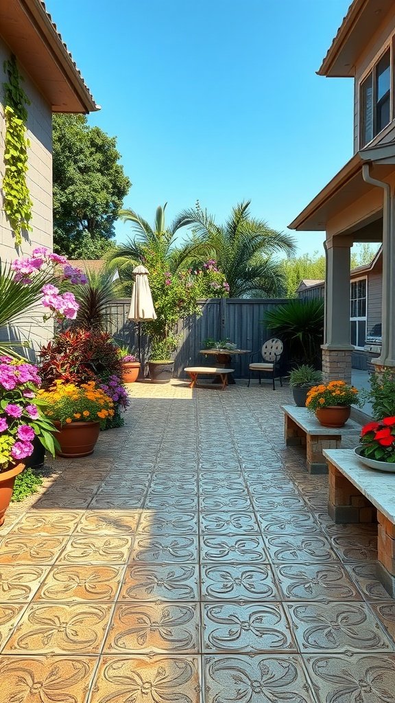 A beautiful patio with stamped concrete and colorful flower pots.