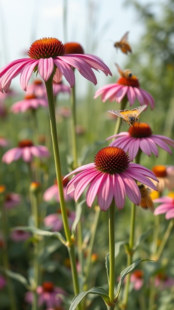 Close-up of vibrant coneflowers with bees pollinating them.