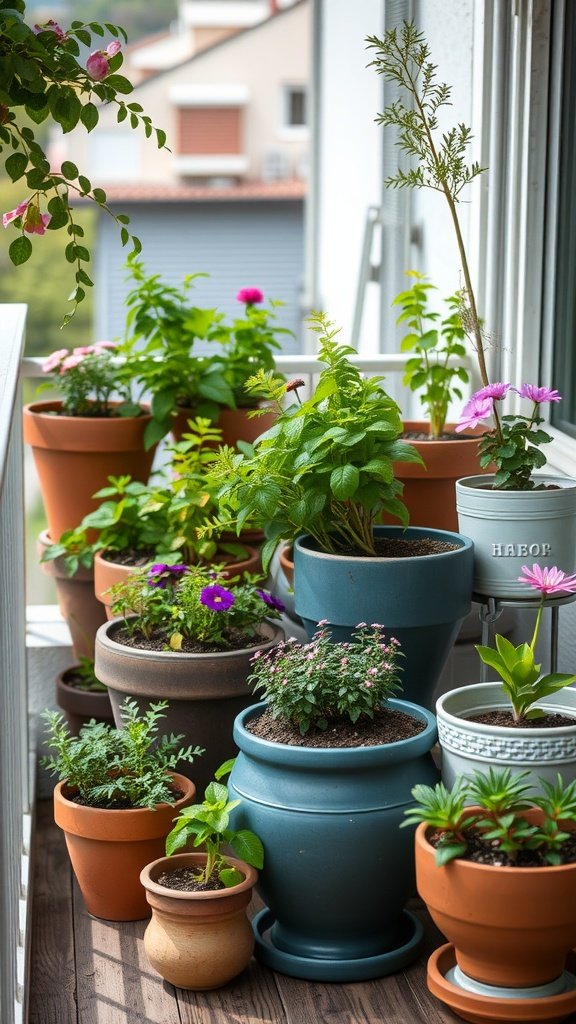 A balcony filled with various potted plants, showcasing an assortment of colors and sizes.