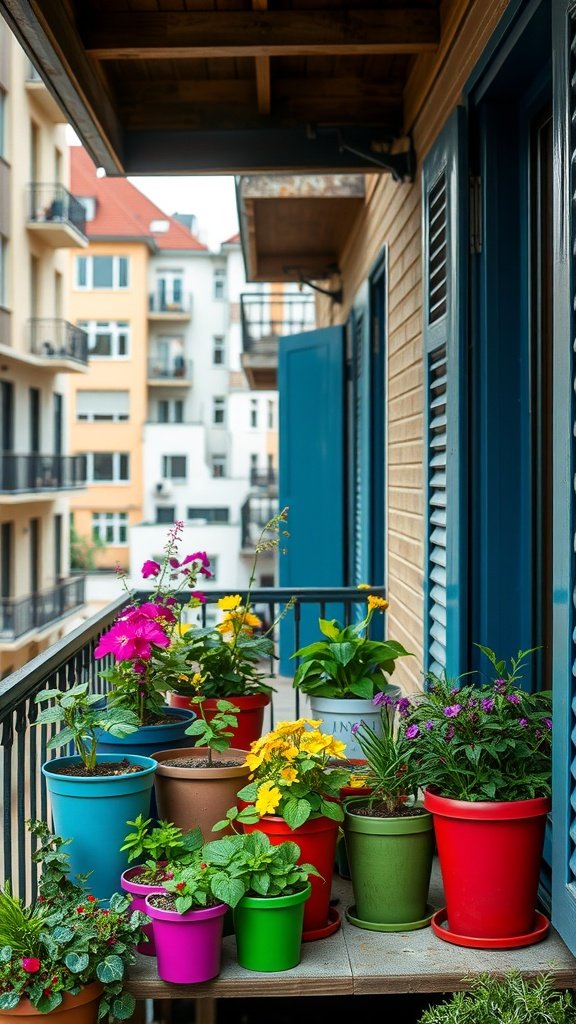 A vibrant display of various potted plants on a balcony.