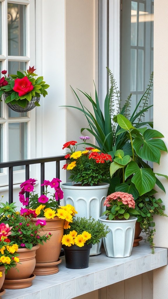 A vibrant balcony garden with a variety of colorful flowers in pots.