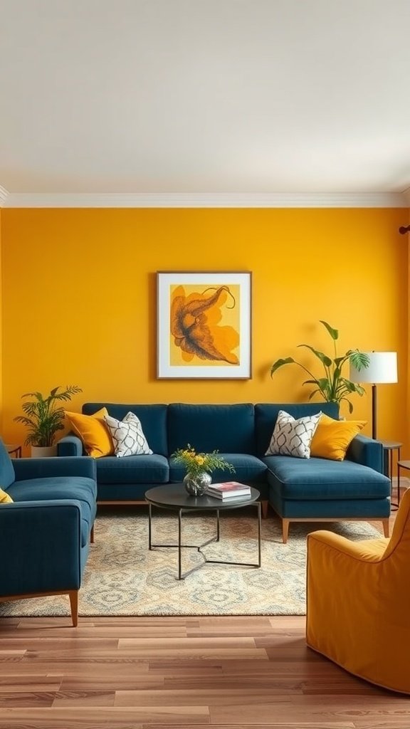 Living room featuring navy blue furniture against a bright yellow wall.