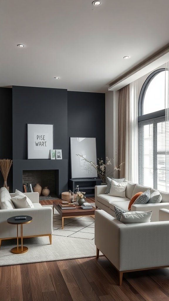 A stylish living room with dark walls and light furniture creating a modern contrast.