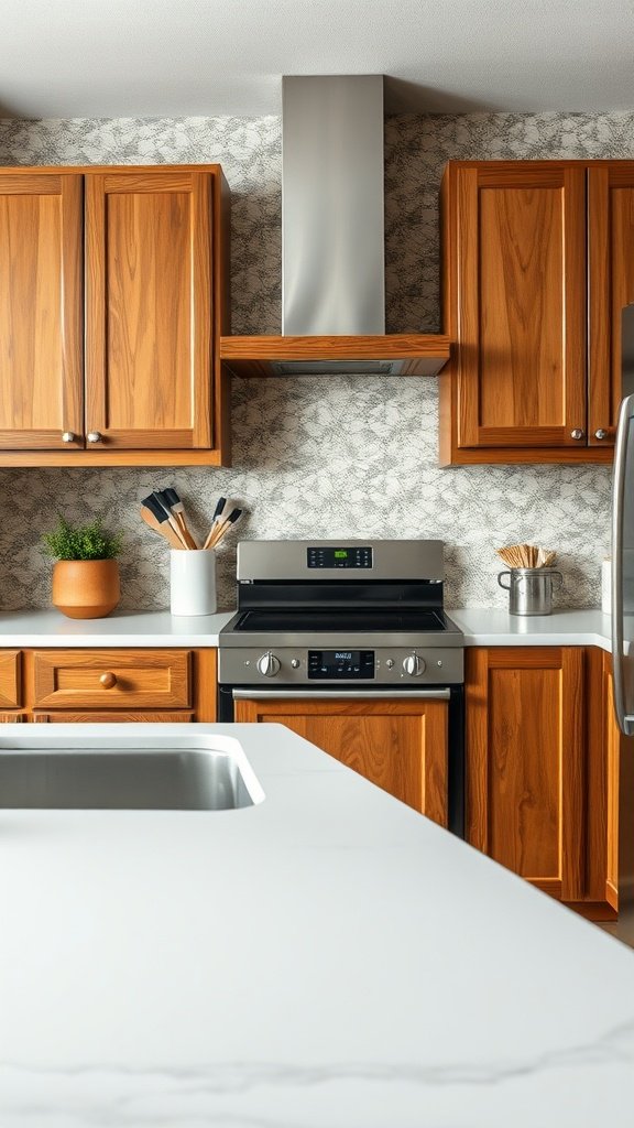 A modern kitchen featuring wooden cabinets and sleek countertops.