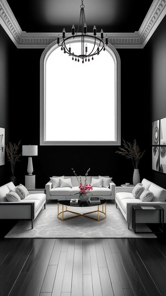 A stylish black living room with white accents, featuring modern furniture and decor.