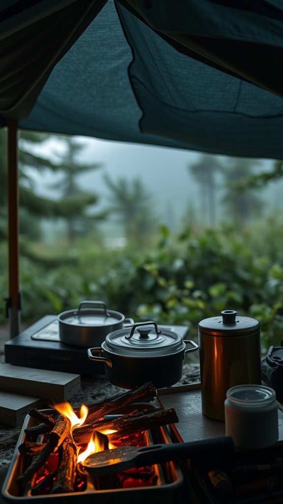 A camping kitchen setup with pots on a campfire under a tarp, surrounded by greenery.