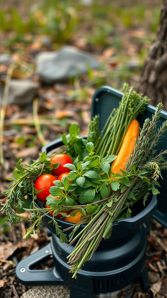 Fresh herbs and vegetables in a camping kitchen setup.