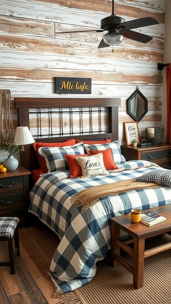 A cozy rustic bedroom featuring a wooden bed, plaid bedding, and warm accents.