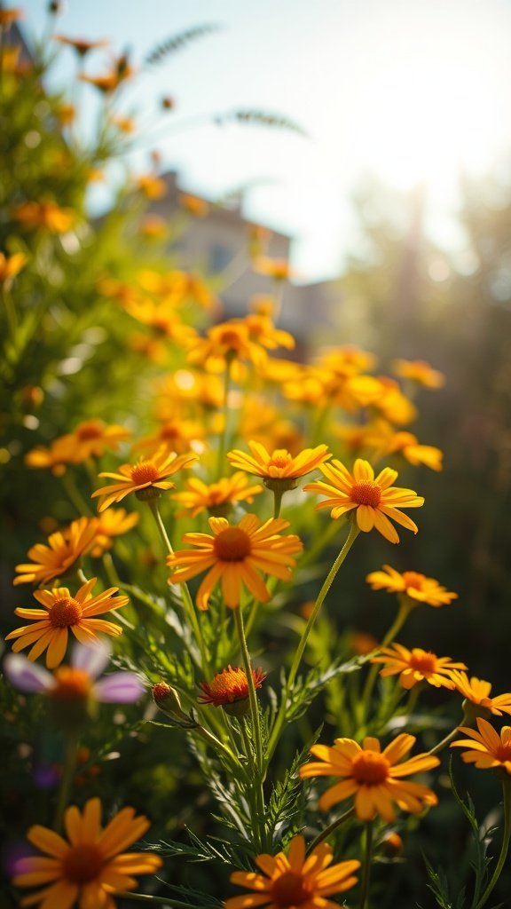 A close-up view of yellow Coreopsis flowers in sunlight.