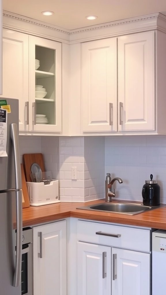 Modern kitchen with corner storage cabinets and a cozy design.
