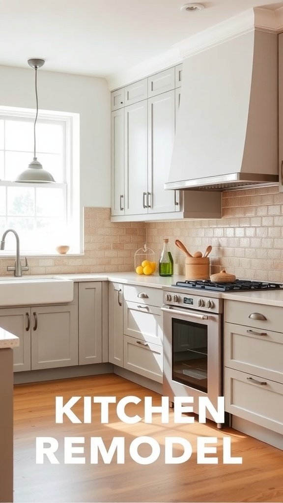 A modern kitchen featuring tan lower cabinets and white upper cabinets, showcasing a stylish two-tone design.