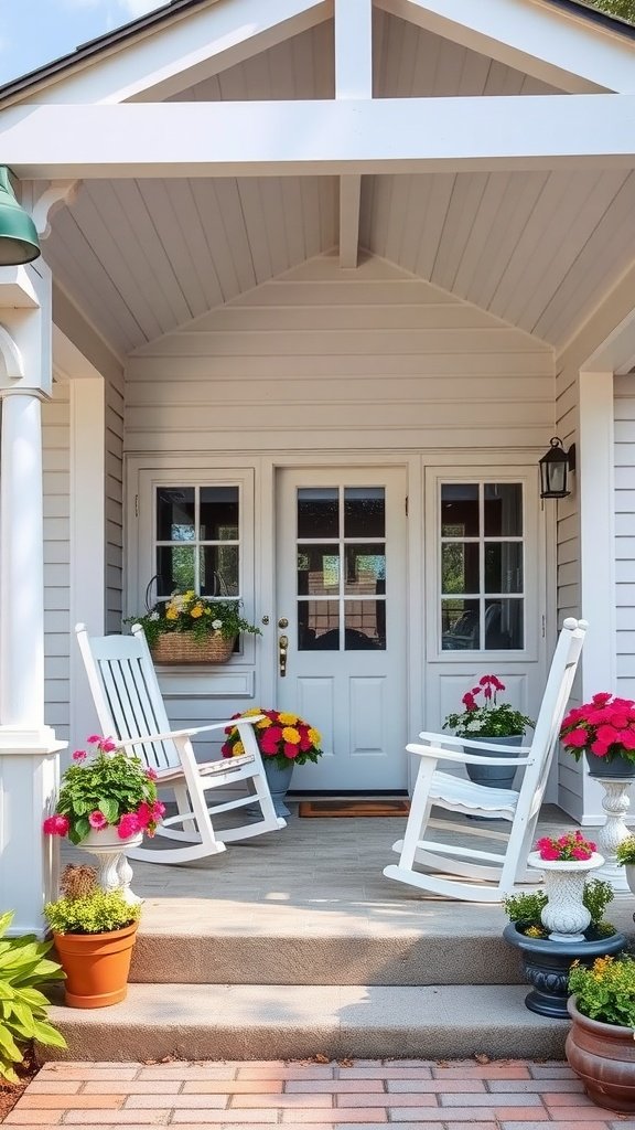 A cozy cottage-style porch with rocking chairs and colorful flowers.