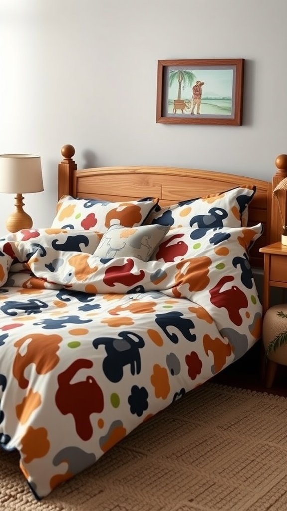 Cozy bedroom with cowboy-themed bedding in a warm color scheme.