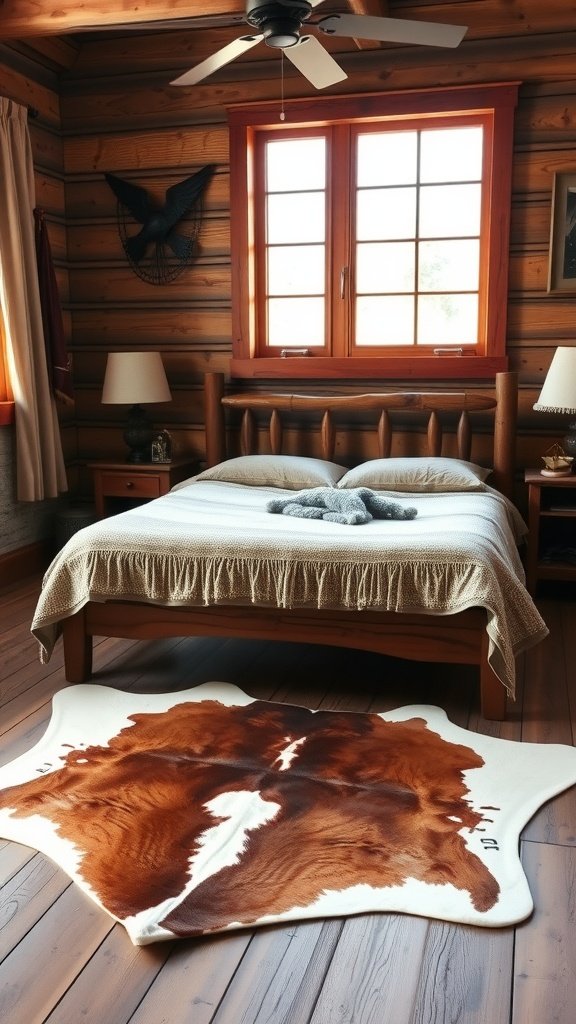 Cozy western-themed bedroom featuring a cowhide rug.