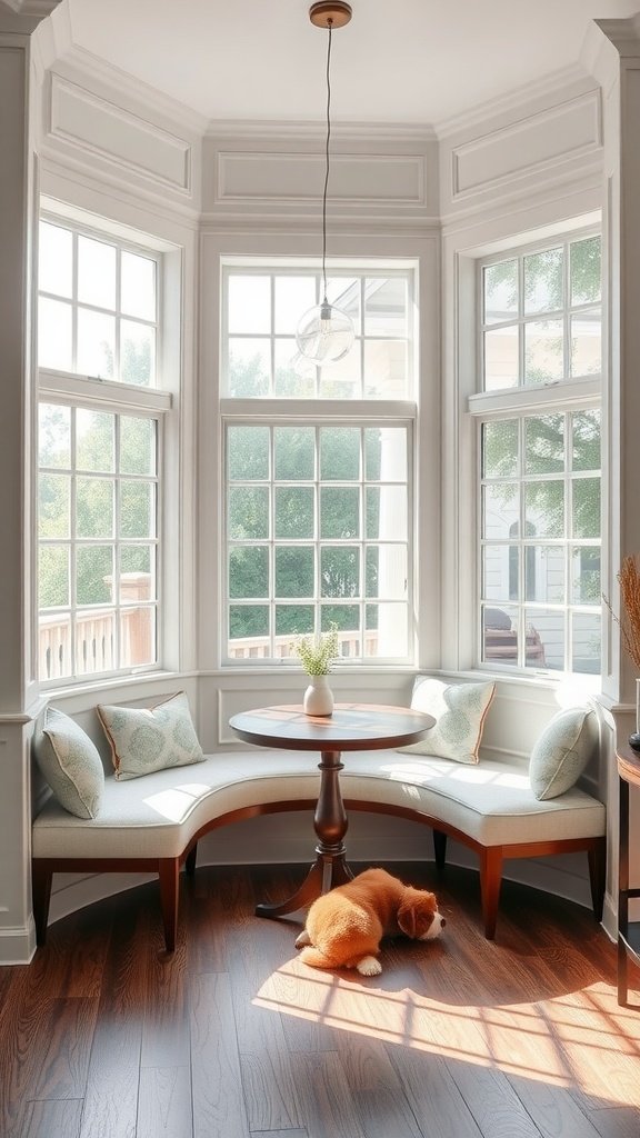 A cozy breakfast nook with a round table and comfortable seating, bathed in natural light.