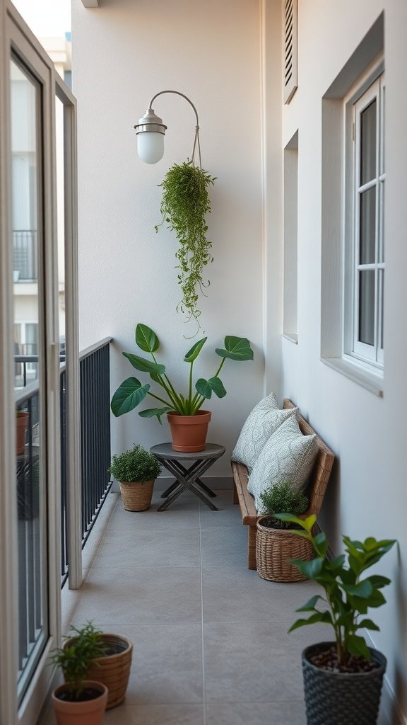 Cozy corner seating arrangement on a small balcony with plants and cushions.