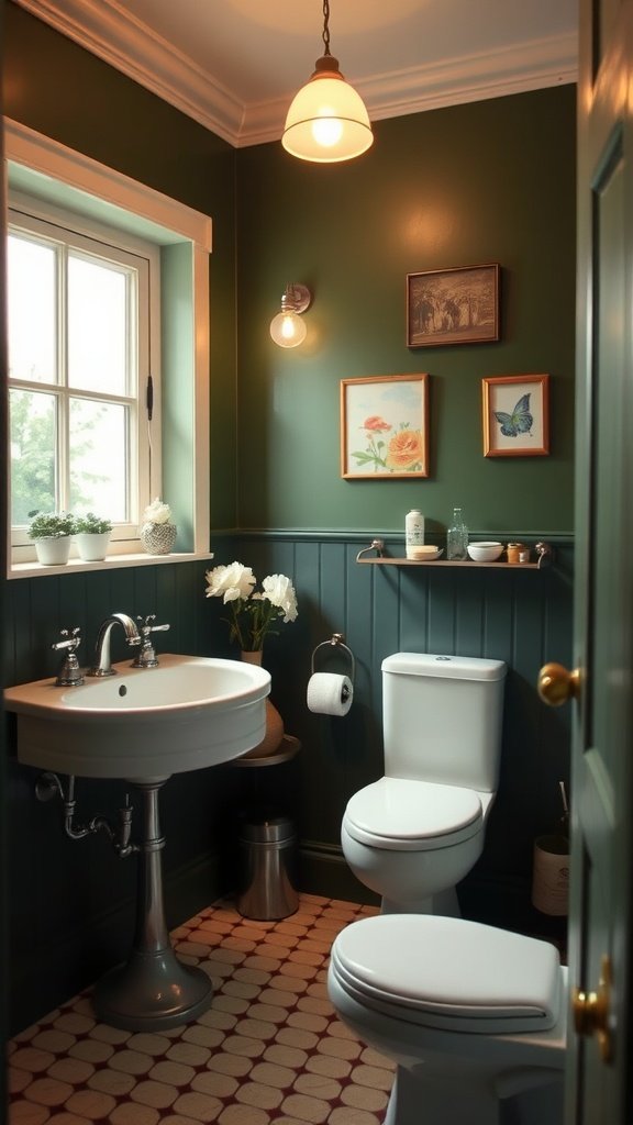 Cozy dark green bathroom with vintage decor and plants