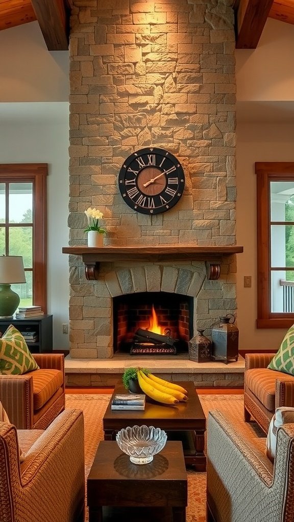 Cozy living room with a fireplace, olive couch, and warm decor.