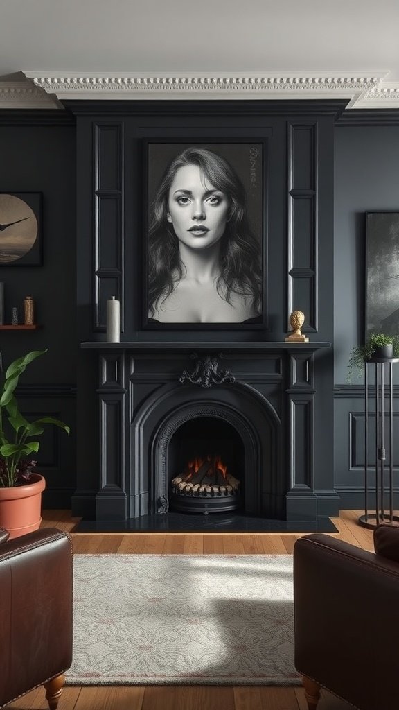 A cozy living room with a fireplace and dark decor.