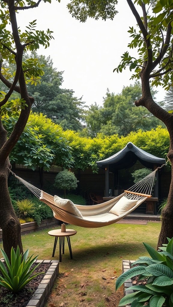 A cozy hammock suspended between two trees in a lush garden setting.