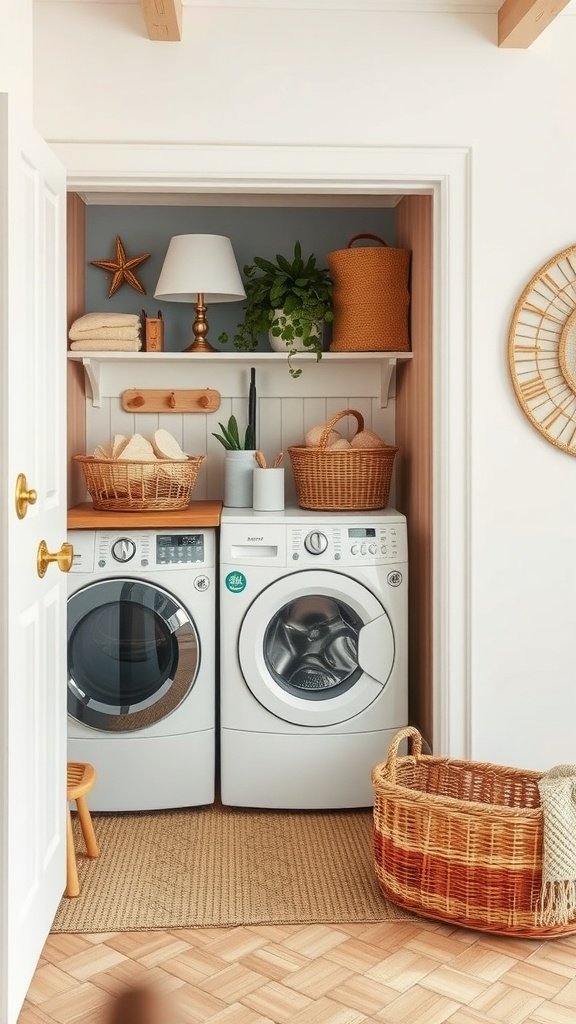 Cozy laundry nook with stacked washer and dryer, decorative baskets, and plants.