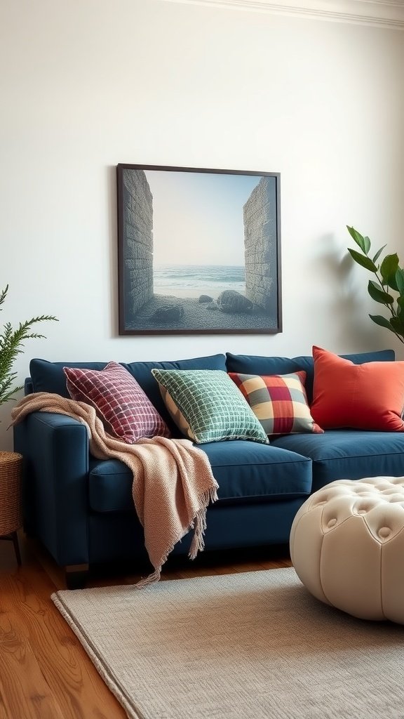 A cozy navy blue sofa adorned with colorful pillows in a stylish living room setting.