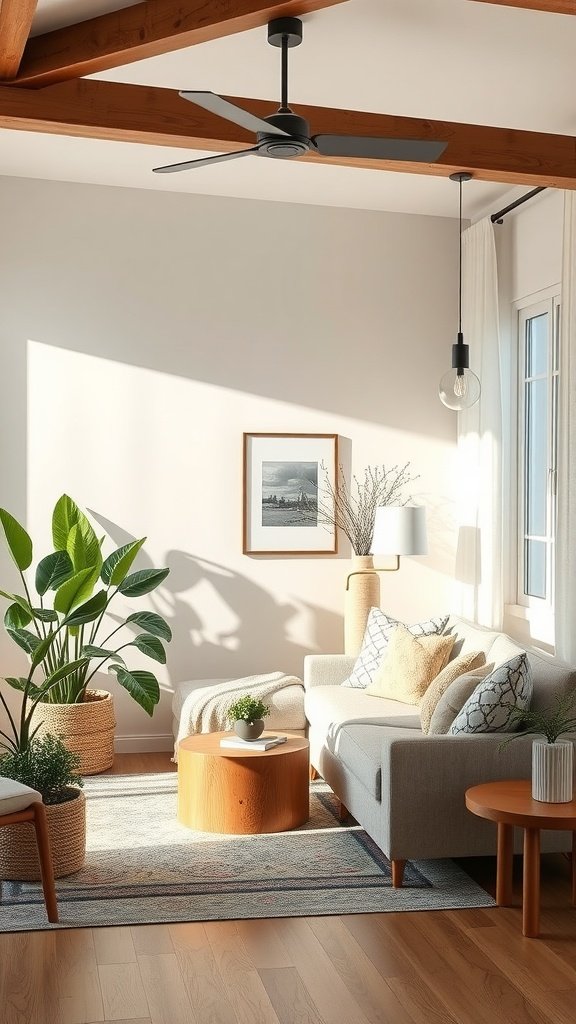 A cozy living room featuring a green sofa, wooden furniture, and plants, bathed in natural light.