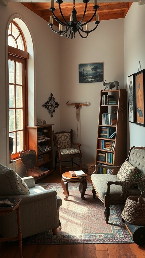 A cozy reading nook featuring comfortable chairs, a wooden table, and a bookshelf, decorated with Western-themed items.