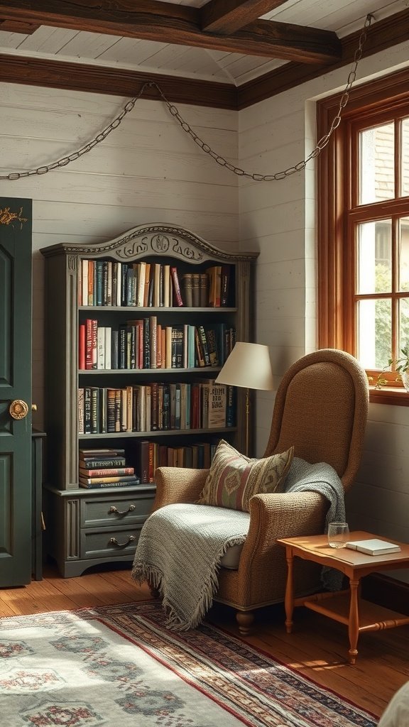 Cozy reading nook in a rustic bedroom with a chair, bookshelf, and warm decor.