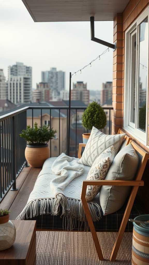 Cozy balcony seating arrangement with cushions and plants.