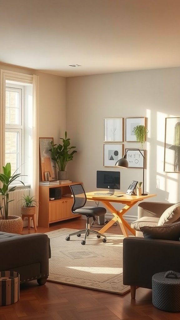 Cozy office area in living room with a desk, computer, and plants