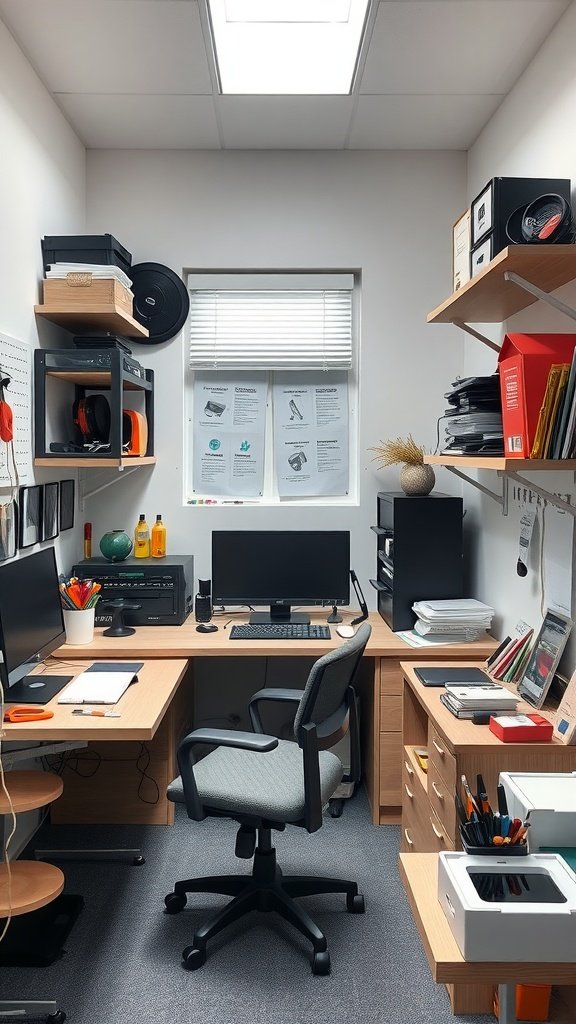 A compact home office setup featuring two desks, multiple storage units, and a window.