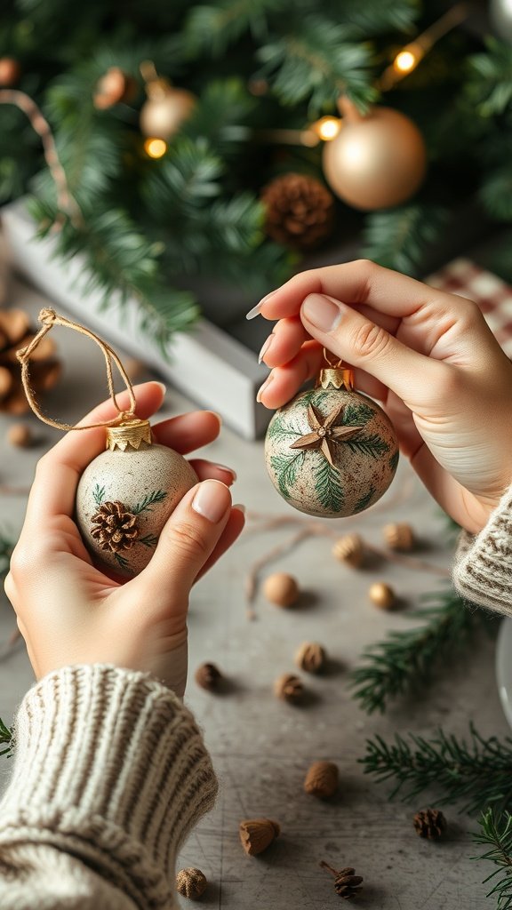 Hands holding two DIY winter-themed ornaments with greenery designs.