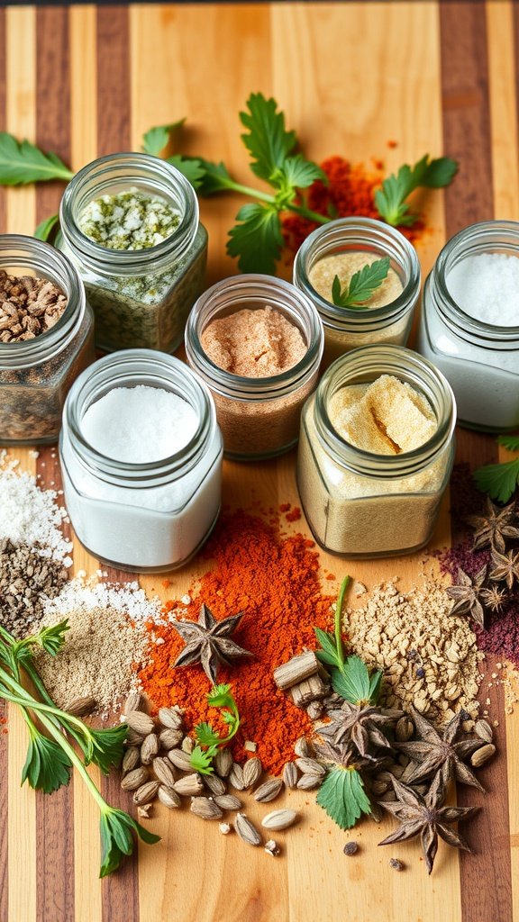 Various jars of herbs and spices on a wooden surface.