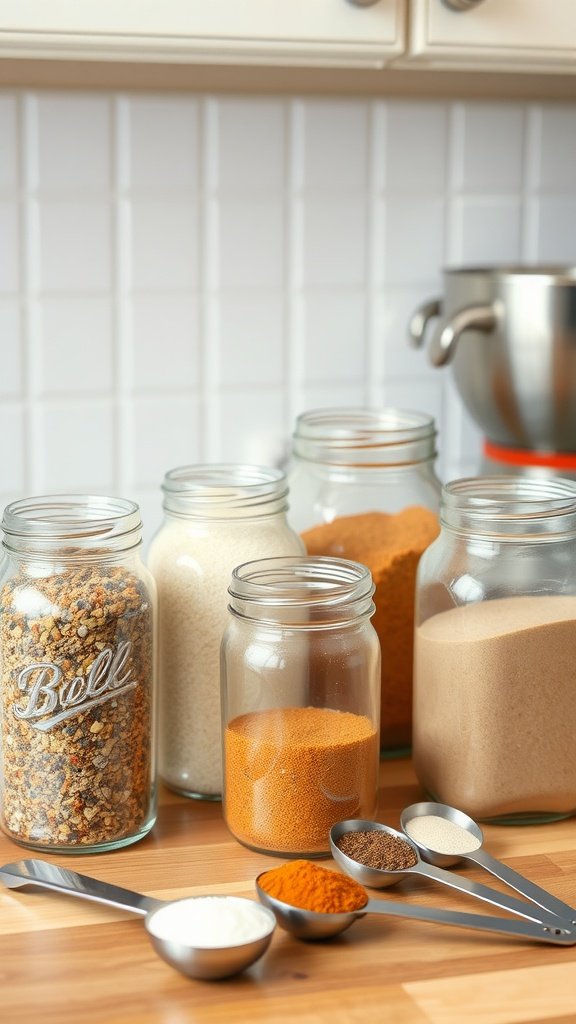 A collection of glass jars filled with various spices and seasonings, with measuring spoons on a wooden countertop.