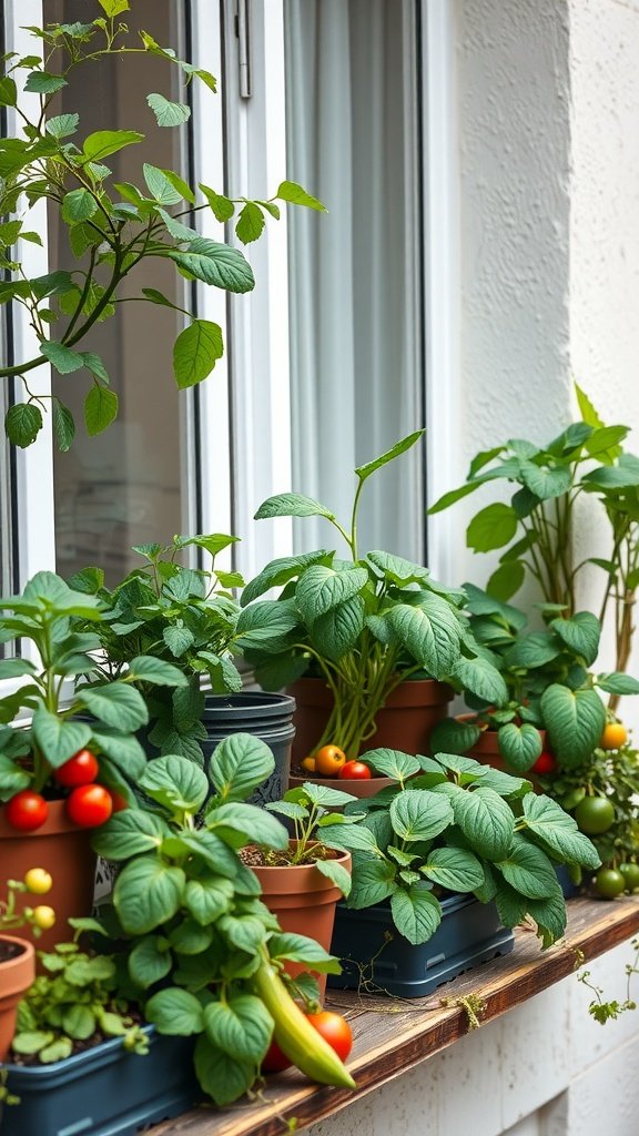 A balcony garden with various plants and vegetables in pots.