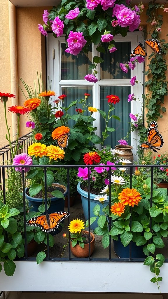 A balcony garden filled with colorful flowers and butterflies.