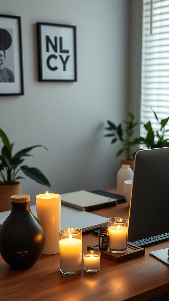 A cozy feminine home office with candles and plants.