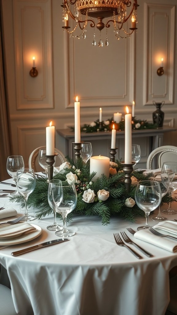 A beautifully set dining table with a centerpiece made of evergreen foliage, candles, and roses.