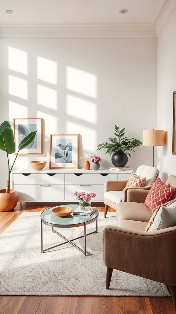 A stylish and cozy feminine home office featuring comfortable seating, decorative plants, and art on the walls.