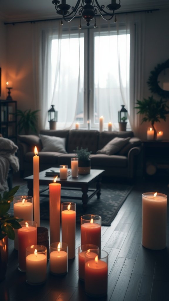 A cozy living room filled with lit candles, creating a warm and inviting atmosphere.