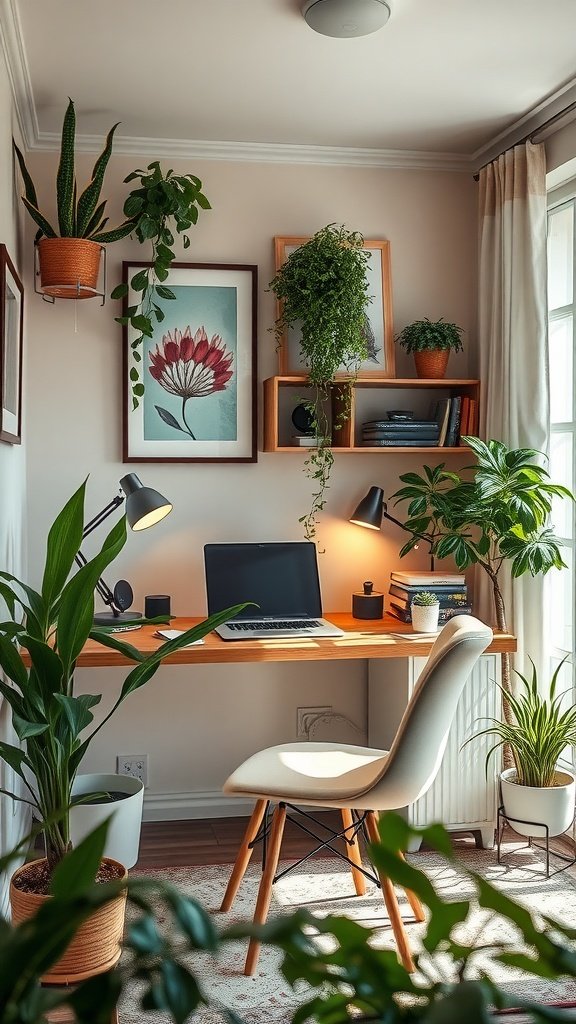 A cozy small home office with plants and decor.