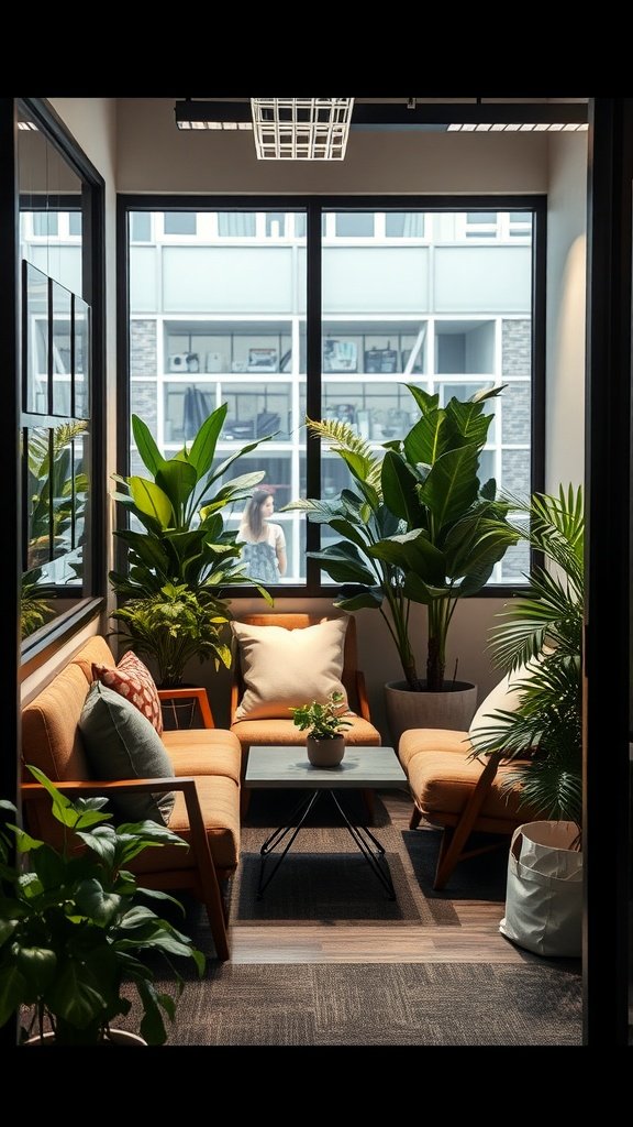 Cozy breakout area in a small office with plants and comfortable seating.